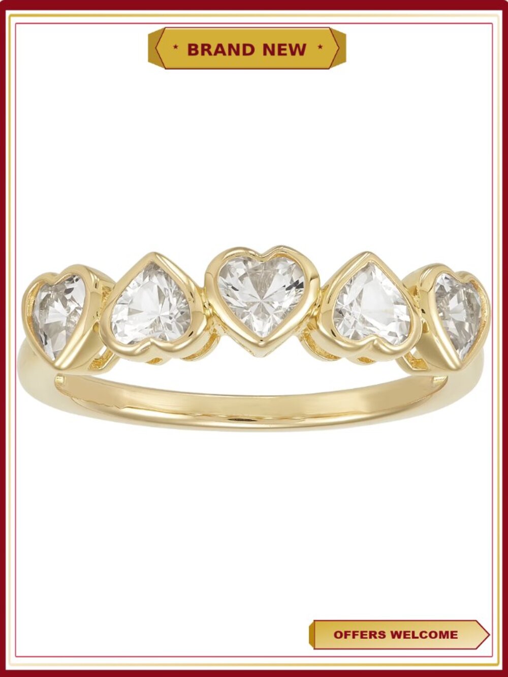 Created White Sapphire Heart Band Ring Sterling Silver 14k Gold Plated Size 7